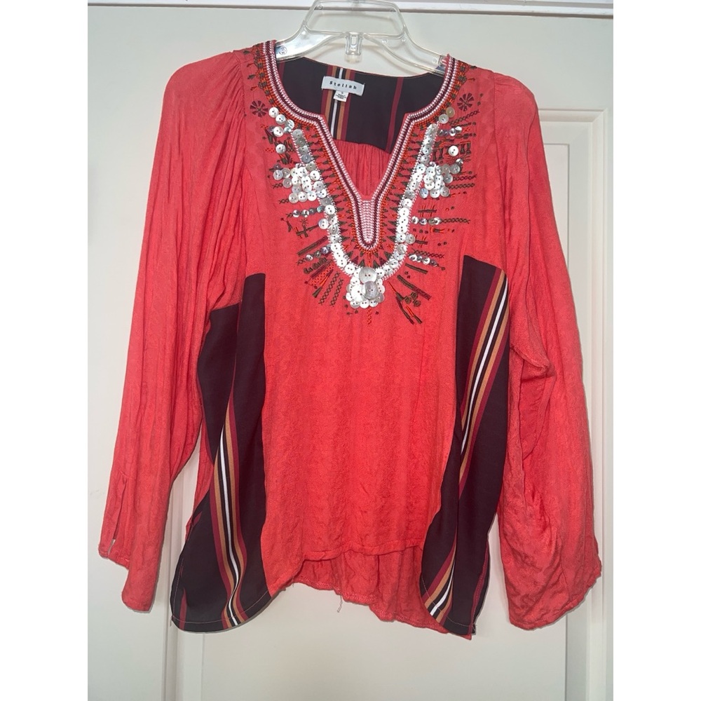 Stellah Pink and Red Embellished Tunic Blouse